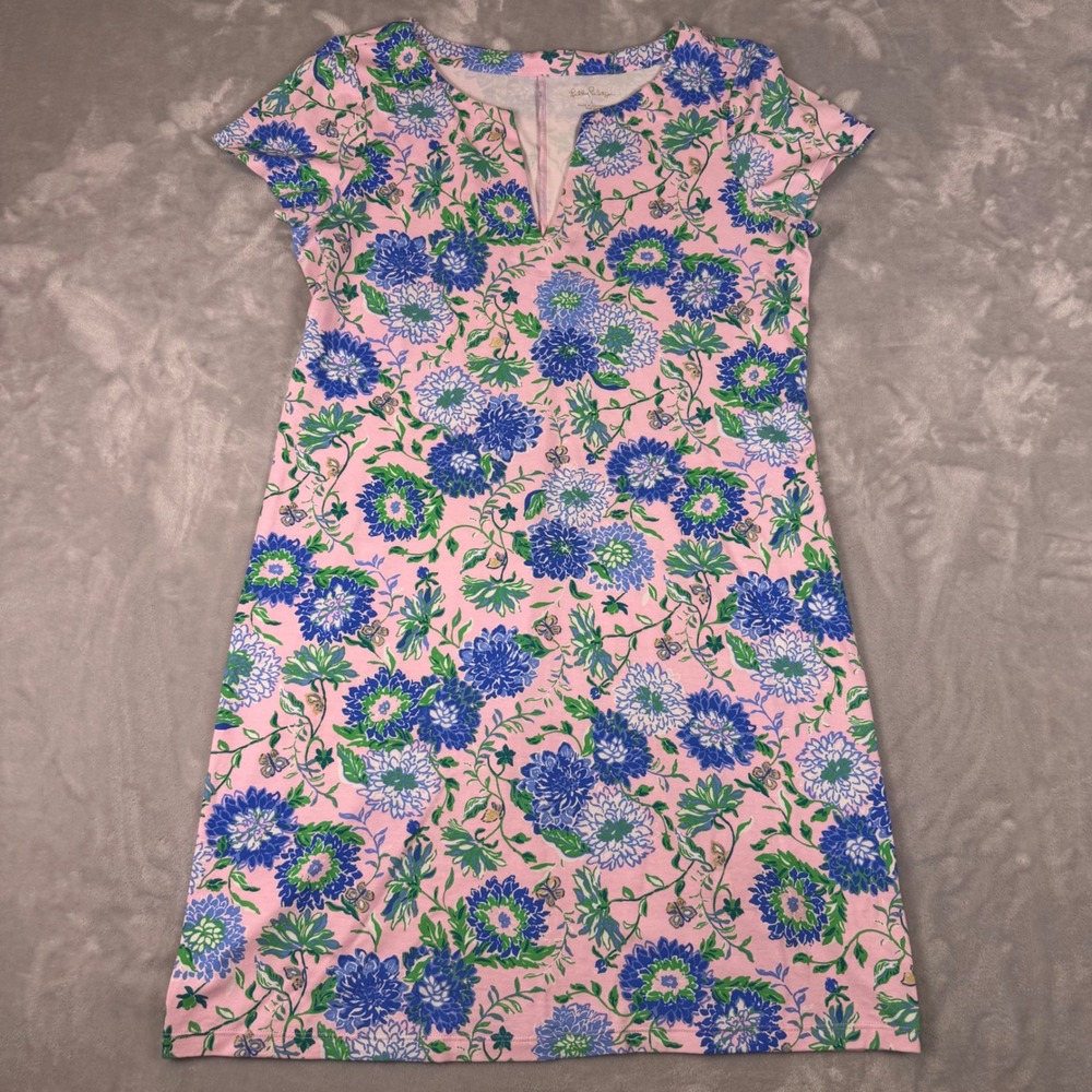 Lilly Pulitzer Sophiletta Shift Dress Womens L Pink Blue Floral Notched Neck - Picture 2 of 8